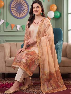 women ethnic motifs printed regular thread work linen kurta with trousers & with dupatta 2