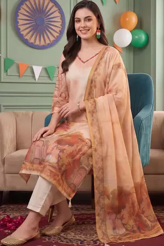 women ethnic motifs printed regular thread work linen kurta with trousers & with dupatta
