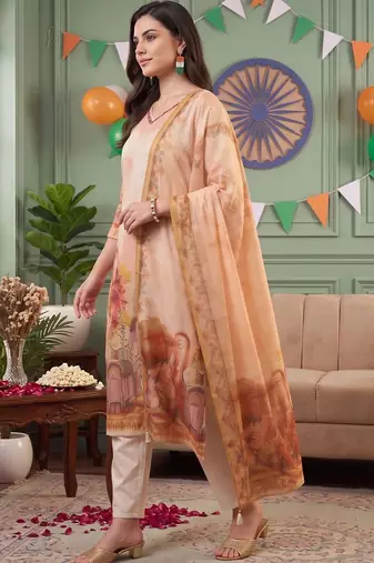 women ethnic motifs printed regular thread work linen kurta with trousers & with dupatta