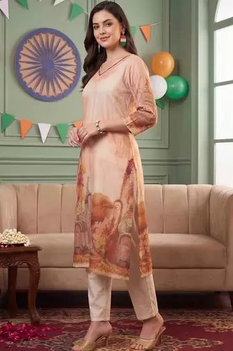 women ethnic motifs printed regular thread work linen kurta with trousers & with dupatta