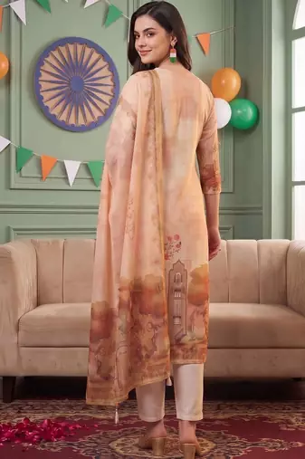 women ethnic motifs printed regular thread work linen kurta with trousers & with dupatta