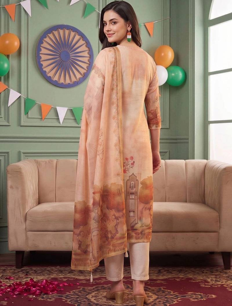 women ethnic motifs printed regular thread work linen kurta with trousers & with dupatta