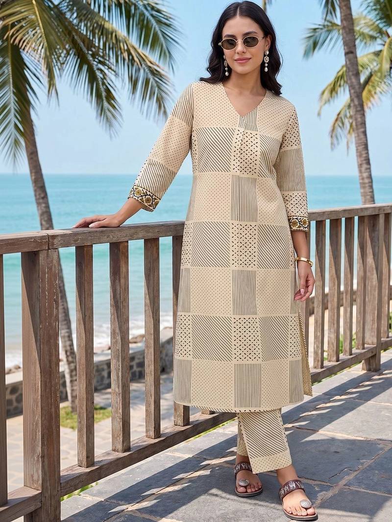 women printed regular cotton kurta with trousers