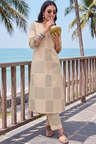 women printed regular cotton kurta with trousers