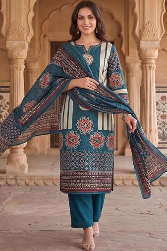 women ethnic motifs printed regular mirror work cotton kurta with trousers & with dupatta