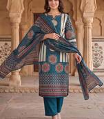 women ethnic motifs printed regular mirror work cotton kurta with trousers & with dupatta