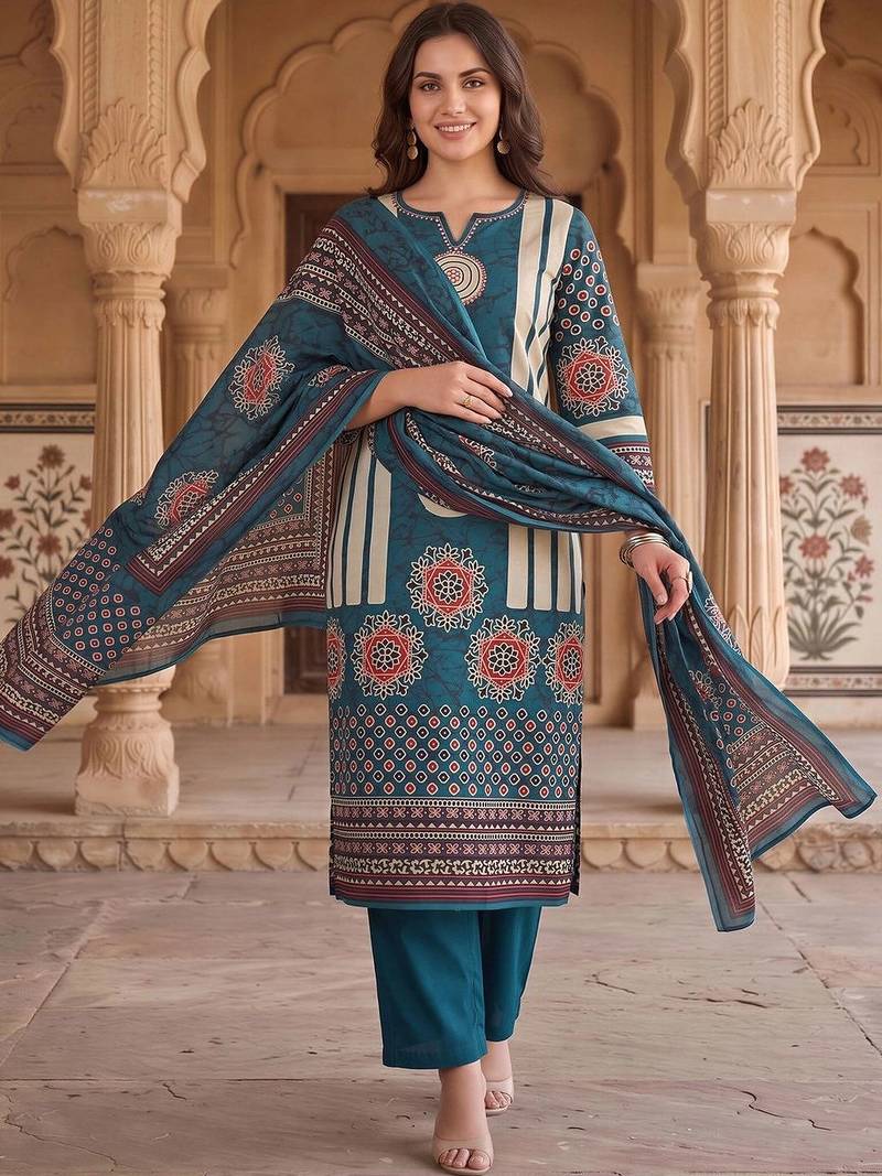 women ethnic motifs printed regular mirror work cotton kurta with trousers & with dupatta