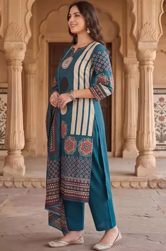 women ethnic motifs printed regular mirror work cotton kurta with trousers & with dupatta