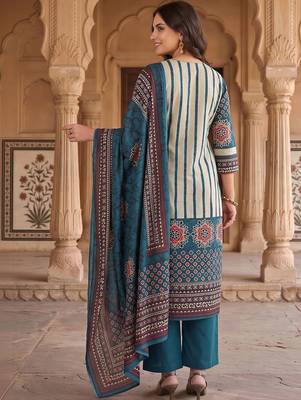 women ethnic motifs printed regular mirror work cotton kurta with trousers & with dupatta 4
