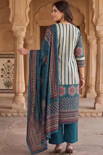 women ethnic motifs printed regular mirror work cotton kurta with trousers & with dupatta