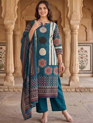 women ethnic motifs printed regular mirror work cotton kurta with trousers & with dupatta 6
