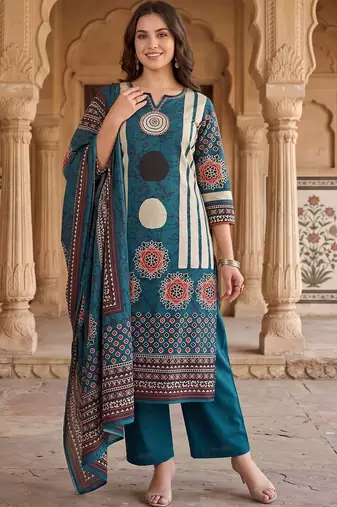 women ethnic motifs printed regular mirror work cotton kurta with trousers & with dupatta