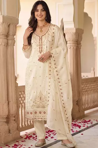 women ethnic motifs embroidered regular thread work kurta with trousers & with dupatta