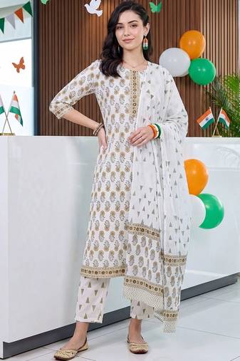 women floral printed regular cotton kurta with trousers & with dupatta