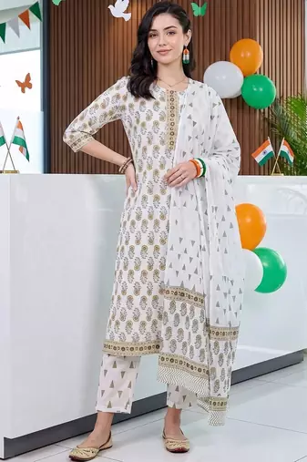 women floral printed regular cotton kurta with trousers & with dupatta