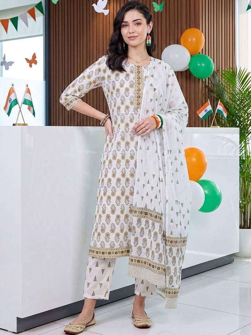 women floral printed regular cotton kurta with trousers & with dupatta