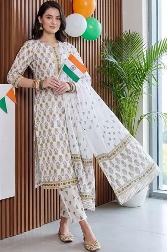 women floral printed regular cotton kurta with trousers & with dupatta