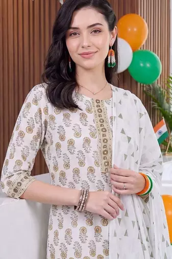 women floral printed regular cotton kurta with trousers & with dupatta