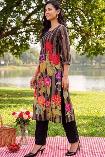 women floral printed regular cotton kurta with trousers