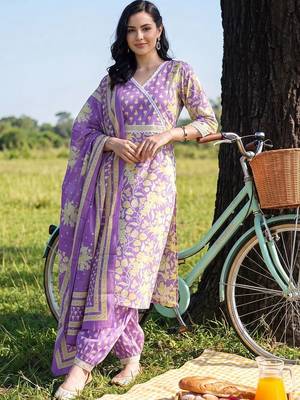 women floral printed angrakha cotton kurta with patiala & with dupatta 1