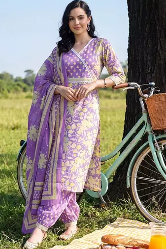 women floral printed angrakha cotton kurta with patiala & with dupatta