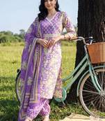 women floral printed angrakha cotton kurta with patiala & with dupatta