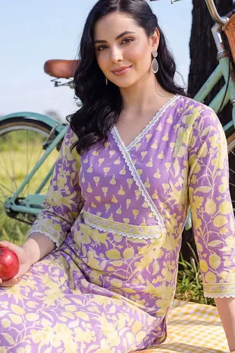 women floral printed angrakha cotton kurta with patiala & with dupatta