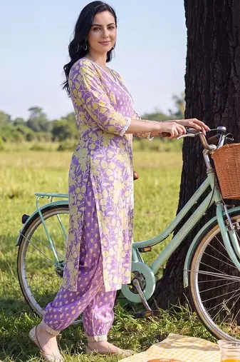women floral printed angrakha cotton kurta with patiala & with dupatta