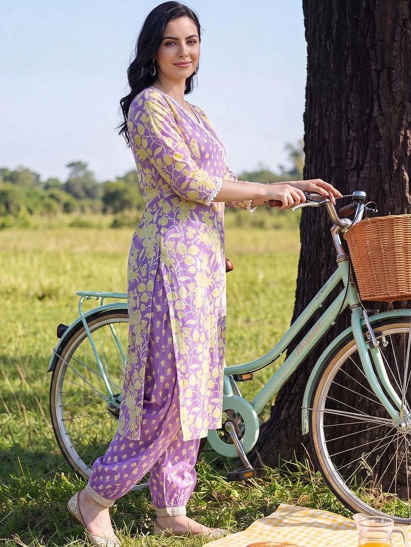 women floral printed angrakha cotton kurta with patiala & with dupatta