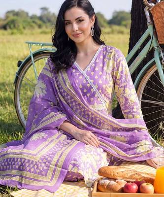 women floral printed angrakha cotton kurta with patiala & with dupatta 4