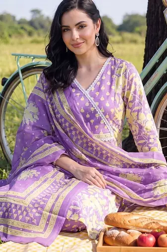 women floral printed angrakha cotton kurta with patiala & with dupatta