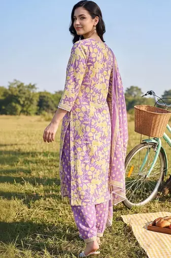 women floral printed angrakha cotton kurta with patiala & with dupatta