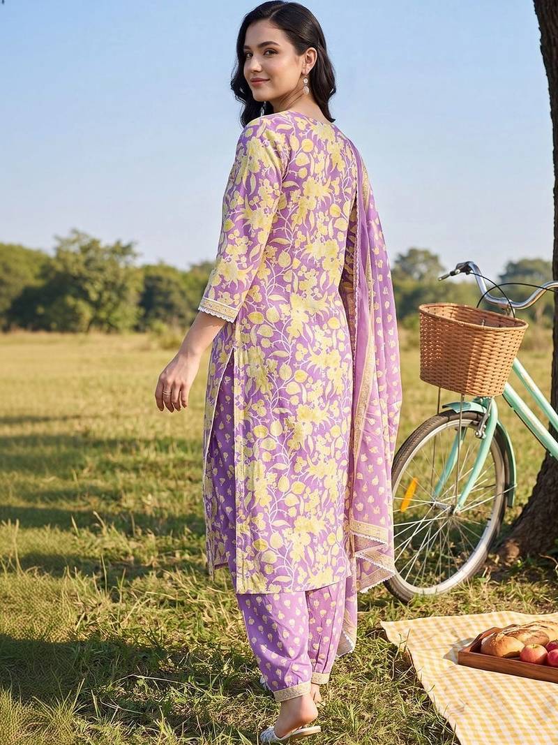 women floral printed angrakha cotton kurta with patiala & with dupatta