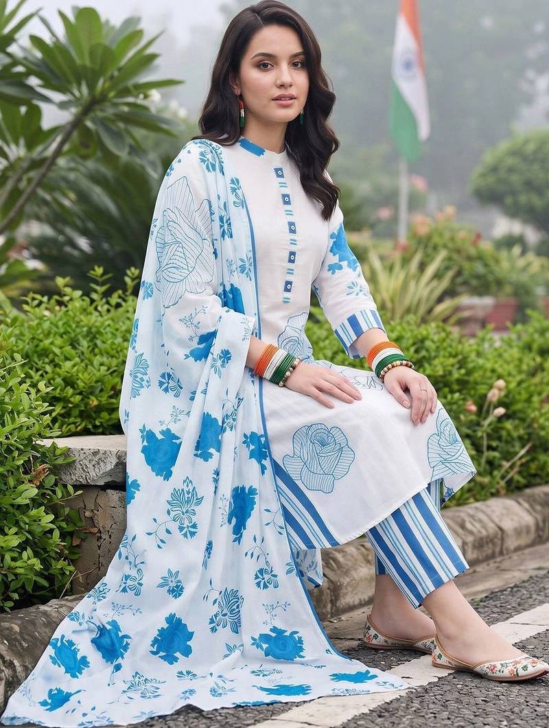 women floral printed regular cotton kurta with trousers & with dupatta