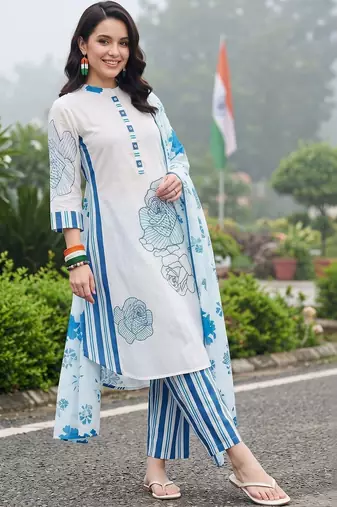 women floral printed regular cotton kurta with trousers & with dupatta