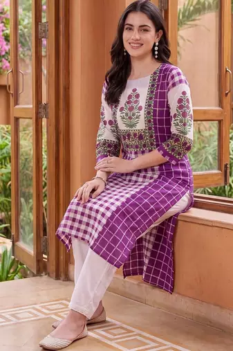 women printed regular cotton kurta with trousers