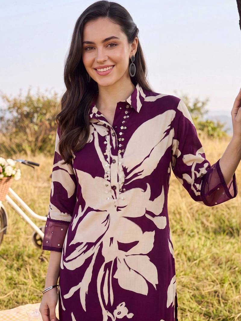women floral printed regular sequinned kurta with trousers