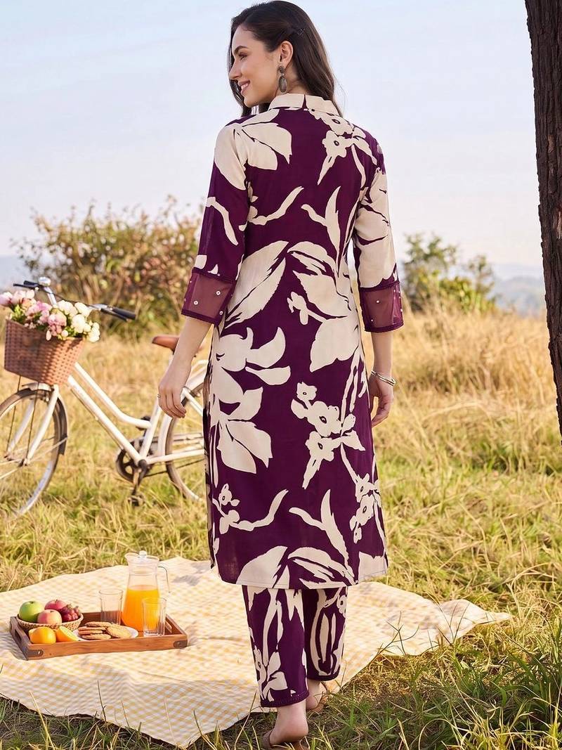 women floral printed regular sequinned kurta with trousers
