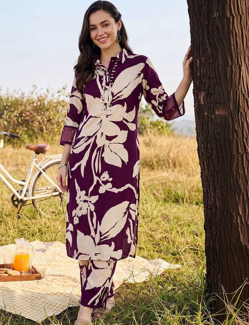 women floral printed regular sequinned kurta with trousers