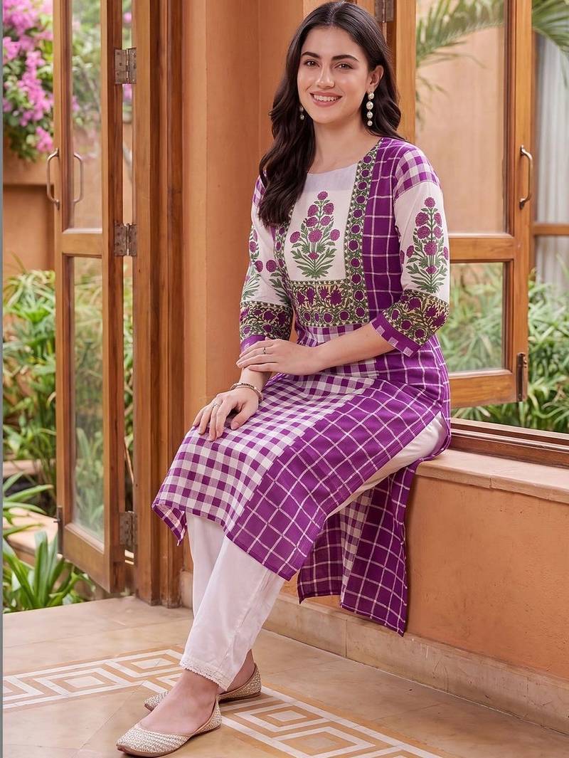 women printed regular cotton kurta with trousers