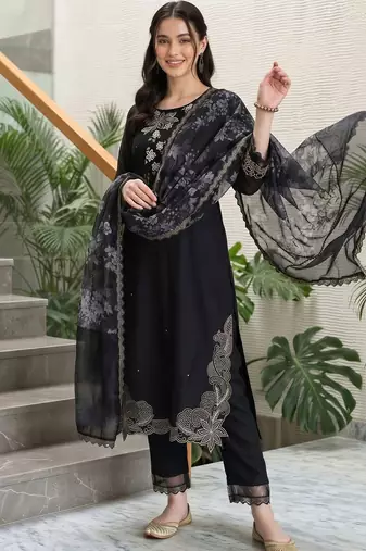 women ethnic motifs embroidered regular thread work kurta with trousers & with dupatta