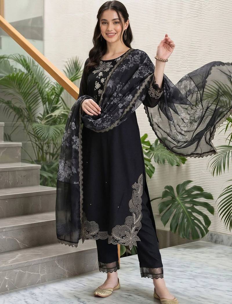 women ethnic motifs embroidered regular thread work kurta with trousers & with dupatta