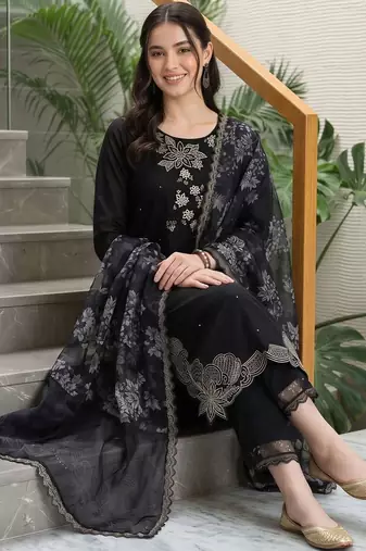 women ethnic motifs embroidered regular thread work kurta with trousers & with dupatta