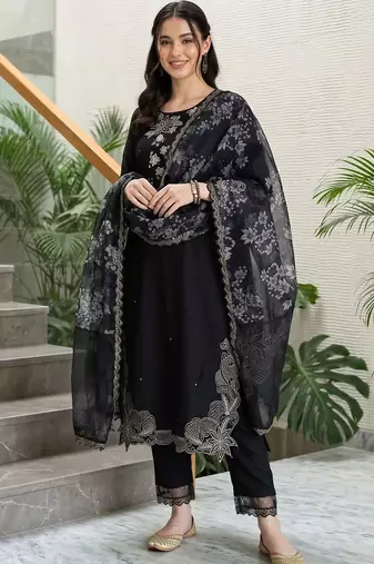 women ethnic motifs embroidered regular thread work kurta with trousers & with dupatta
