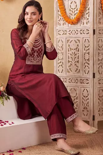 women ethnic motifs embroidered regular thread work liva kurta with patiala
