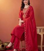 women ethnic motifs embroidered regular kurta with trousers & with dupatta