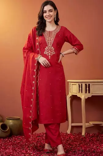 women ethnic motifs embroidered regular kurta with trousers & with dupatta