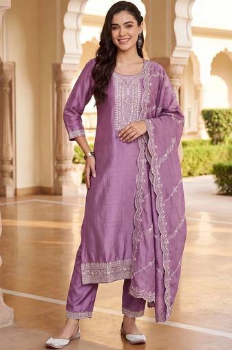 women ethnic motifs embroidered regular thread work kurta with trousers & with dupatta