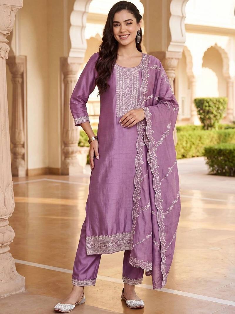 women ethnic motifs embroidered regular thread work kurta with trousers & with dupatta