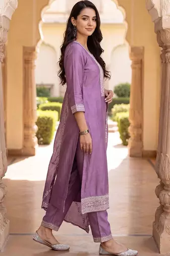 women ethnic motifs embroidered regular thread work kurta with trousers & with dupatta